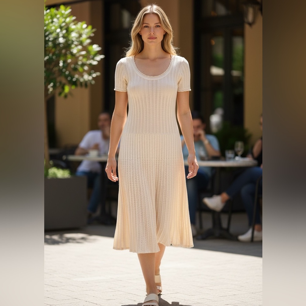 BCBGMAXAZRIA Cream Pointell Crochet Silk Blend Dress Drop Waist Pleated Skirt XS